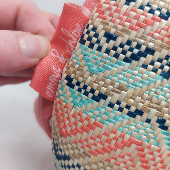 Emma & Chloe Salmon Pink Blue Woven Chevron Insulated Lunch Bag Beachy Coastal - Picture 4 of 12